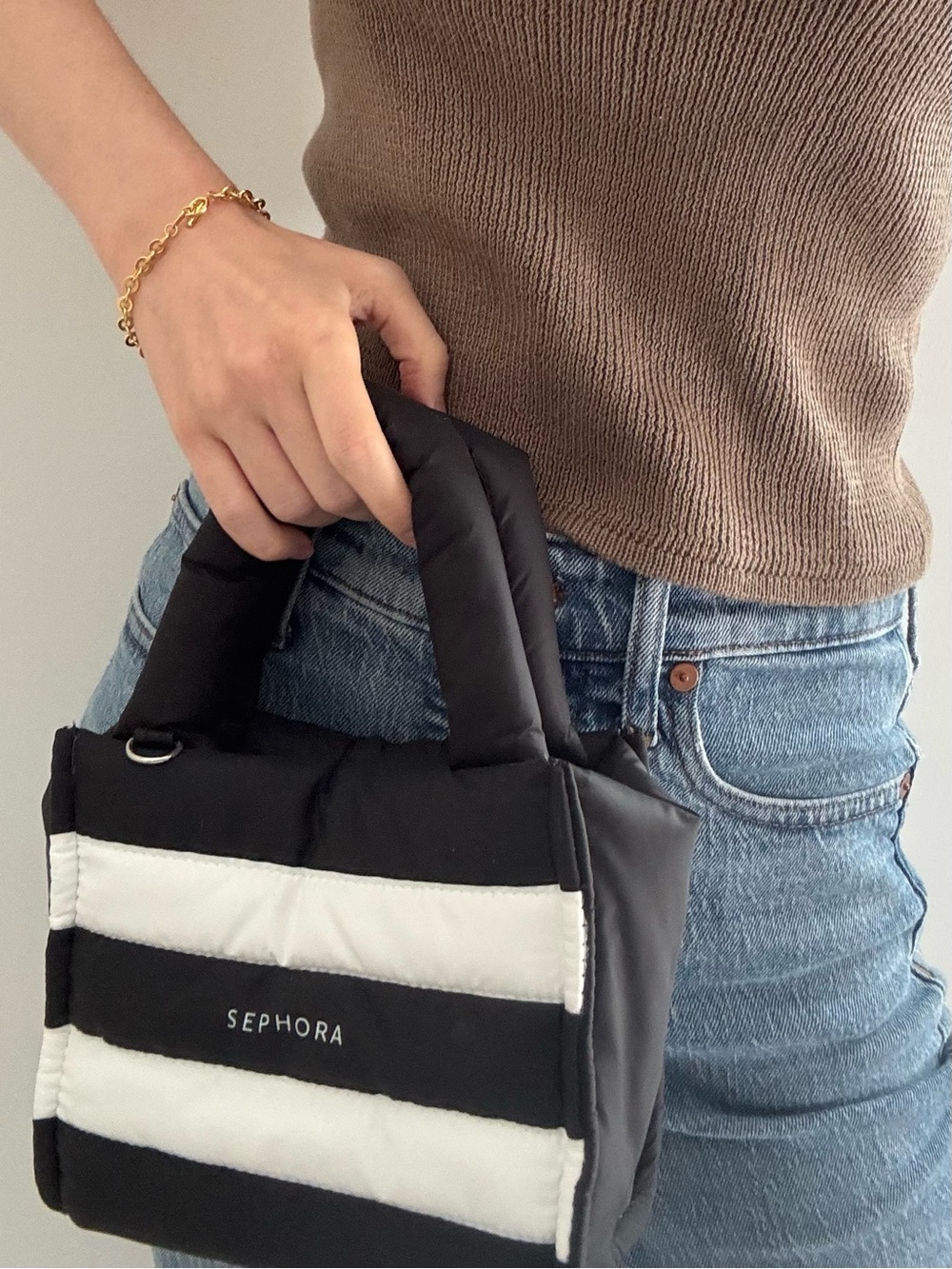Sephora Black and White Striped Mini Puffer Bag
